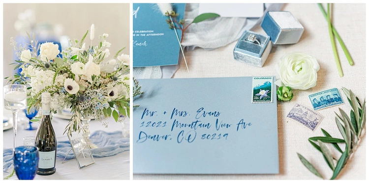 floral arrangement with white poppies and blue thistle, calligraphy wedding invitations 