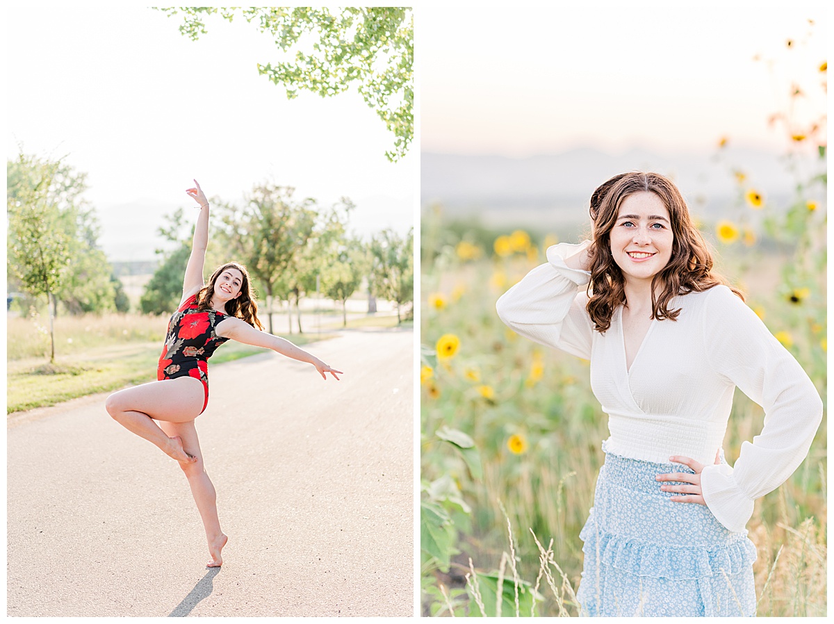Dancer wearing leotard with red roses. Girl posing in sunflower field