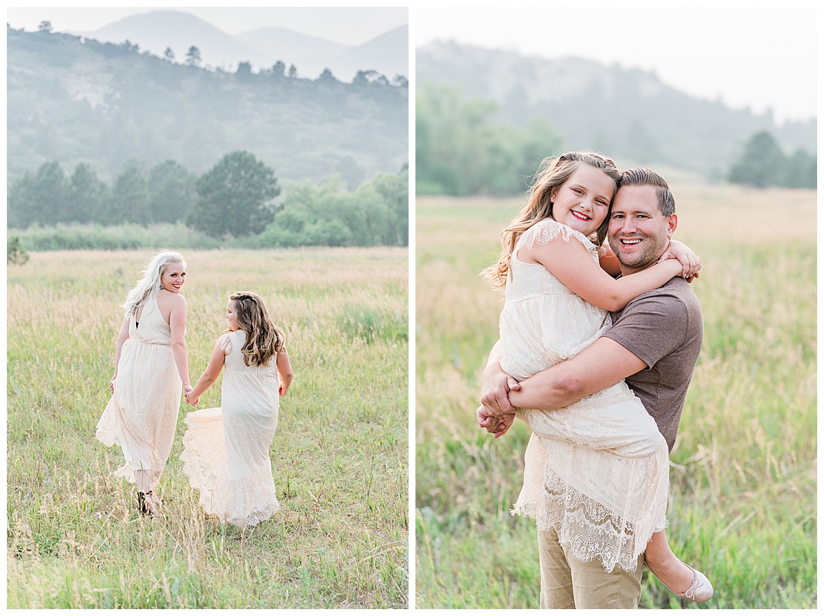 mom runs through field with daughter; dad hugs stepdaughter