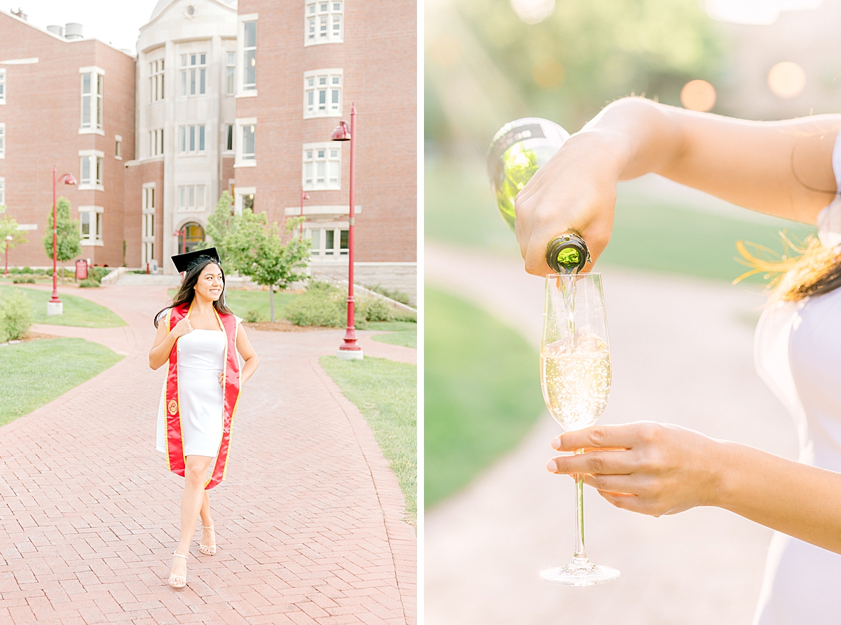 A University of Denver graduate girl pours a glass of champagne.