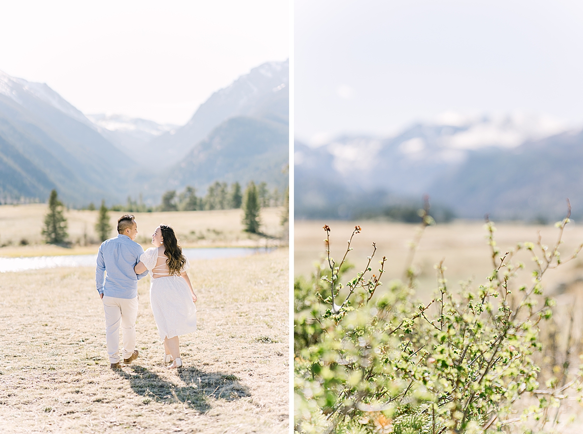 A girl wears a flowy dress in Rocky Mountain National Park and walks with her husband.