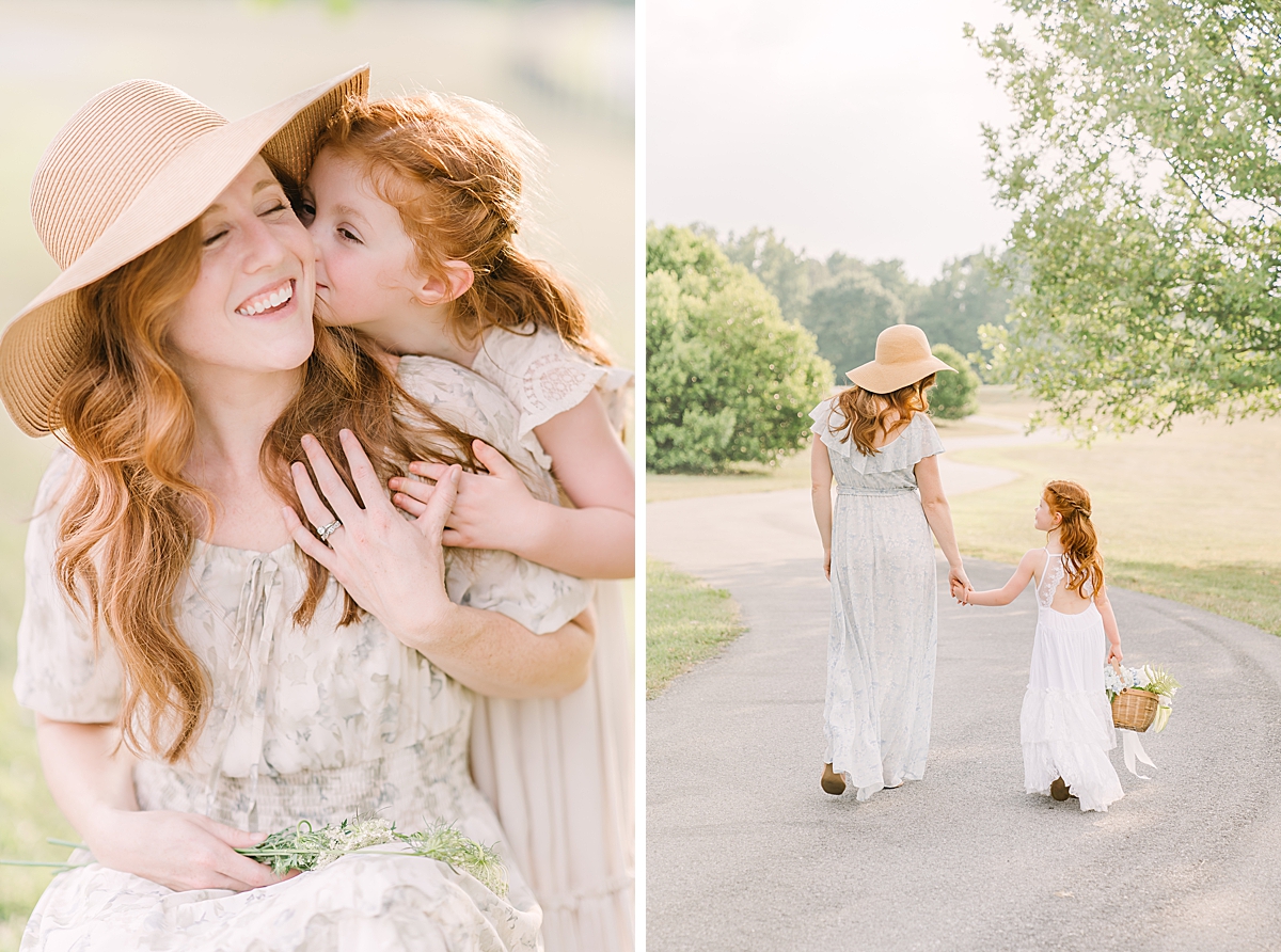 mom and daughter with red hair in pretty dresses snuggle