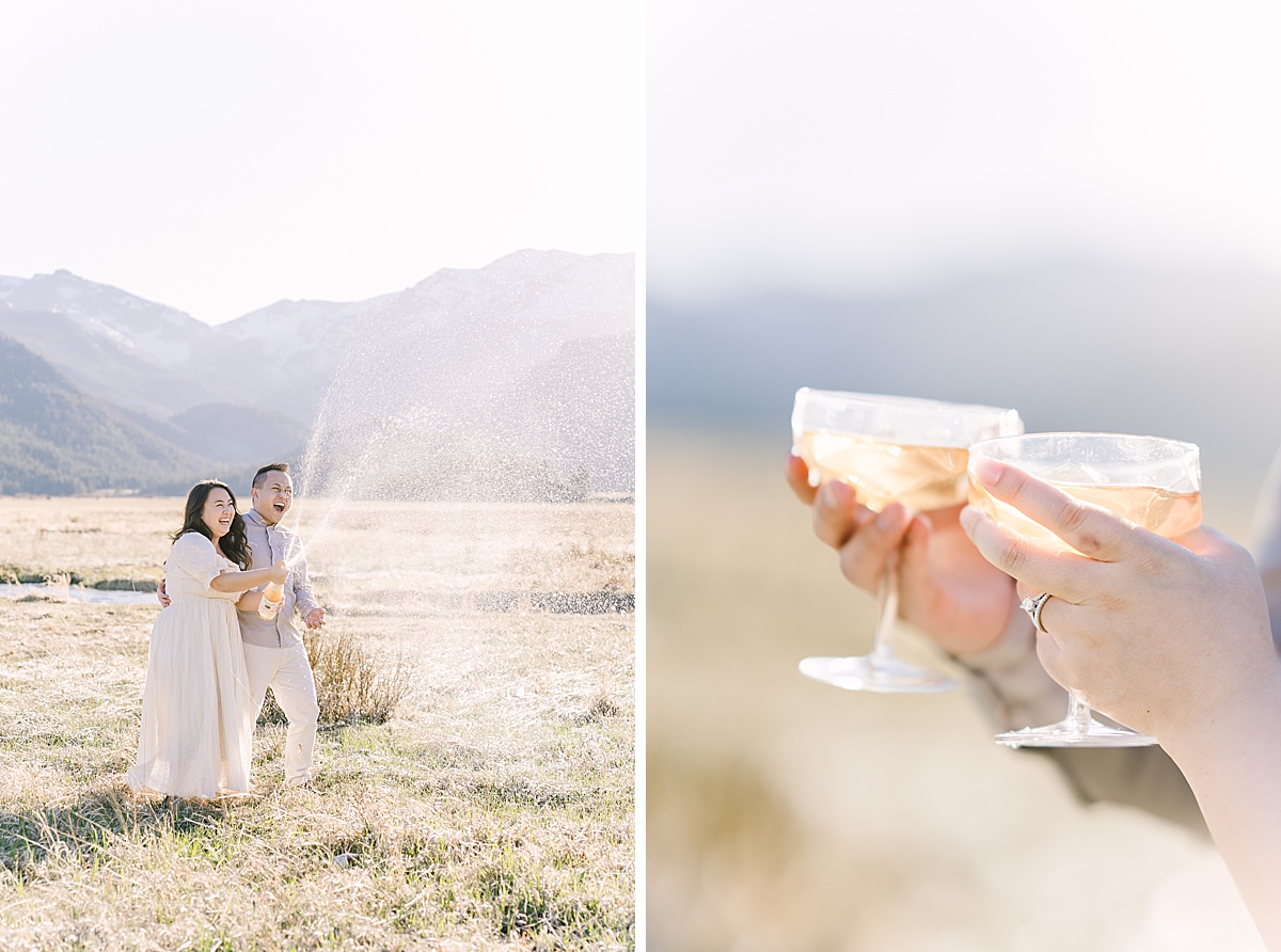 A couple celebrates their anniversary with champagne pop photos.