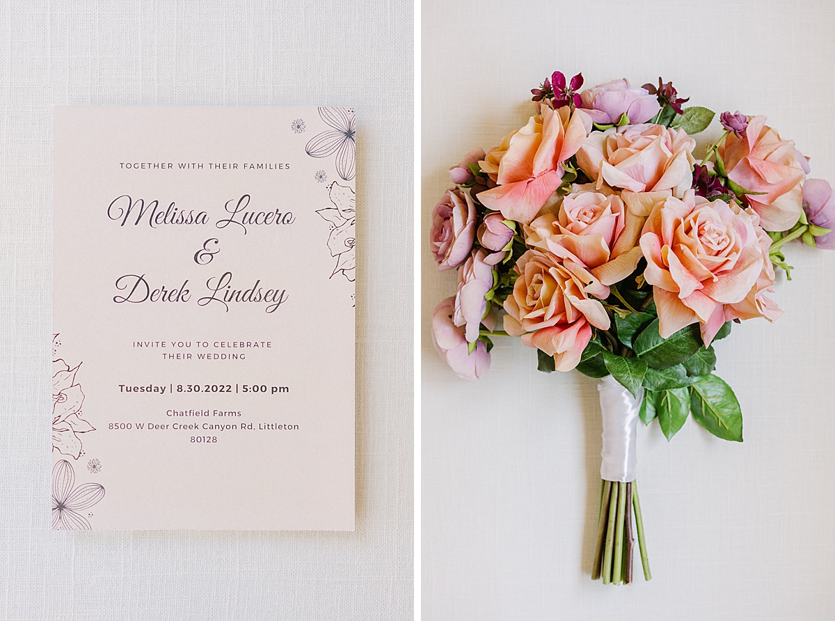 wedding invitation and bouquet