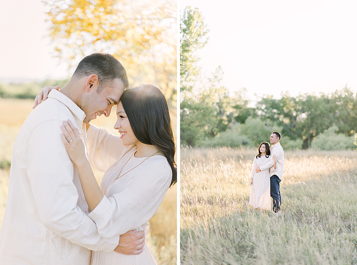 A sweet couple poses for Denver engagement portraits at Crown Hill park.