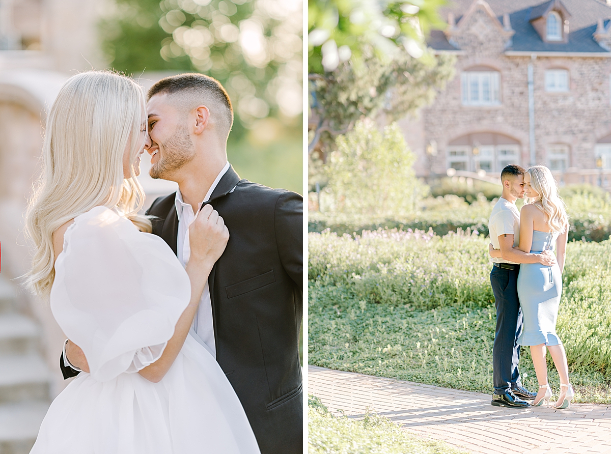 A couple embraces and celebrates their engagement at the Highlands Ranch Mansion gardens.