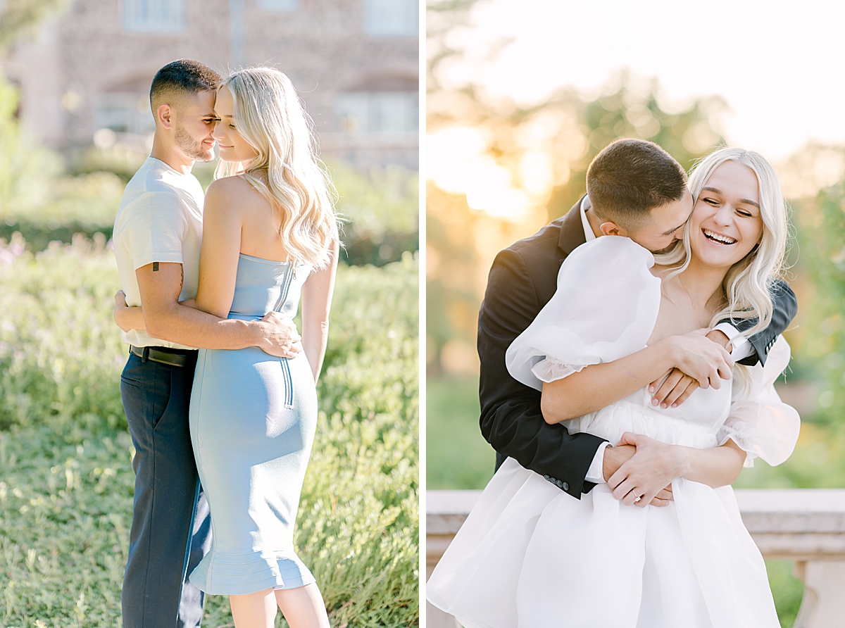 A sweet couple smile and laughs at the Highlands Ranch Mansion.