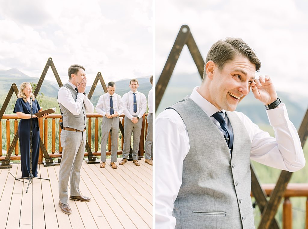 The groom tears up as his bride walks down the aisle at The Lodge at Breckenridge.