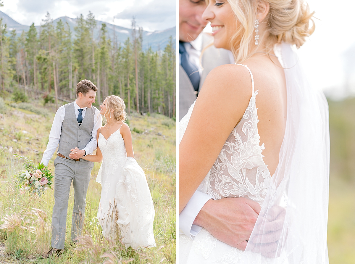 Breckenridge summer wedding photographer captures a bride and groom walking in the mountains.