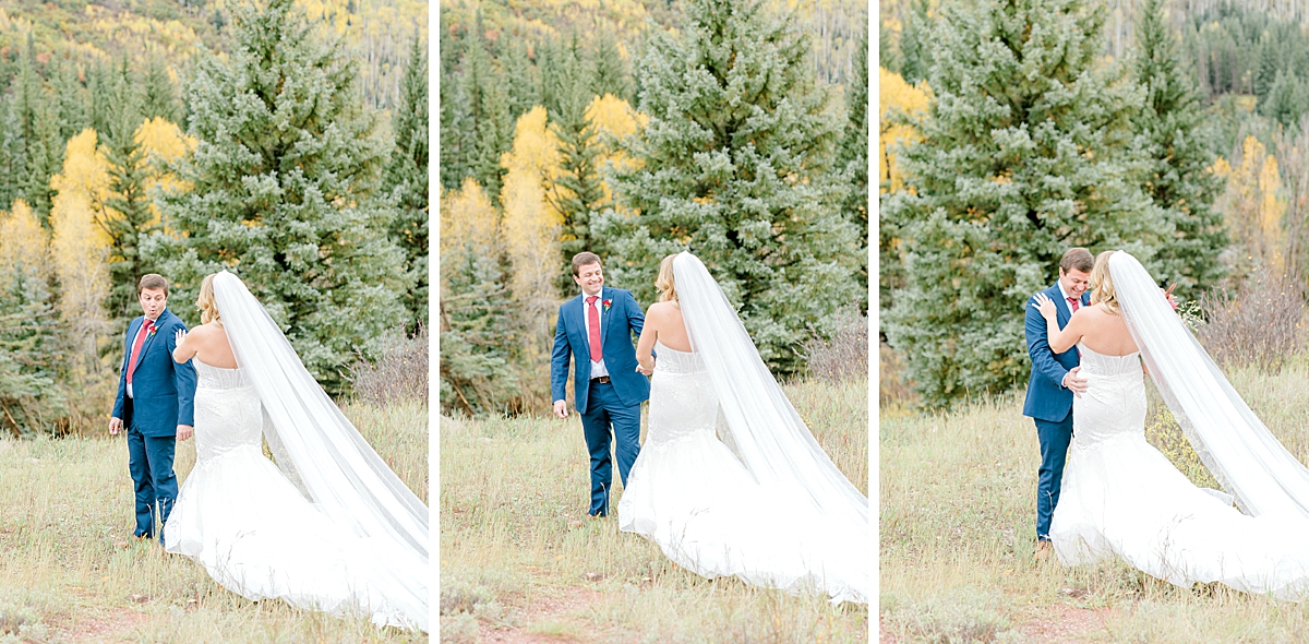 Bride and groom share a First Look at their Aspen Colorado Fall wedding.