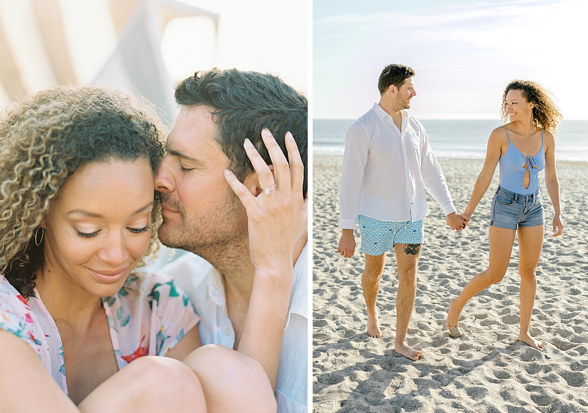A sweet couple walks on the beach for their anniversary vacation in Florida.