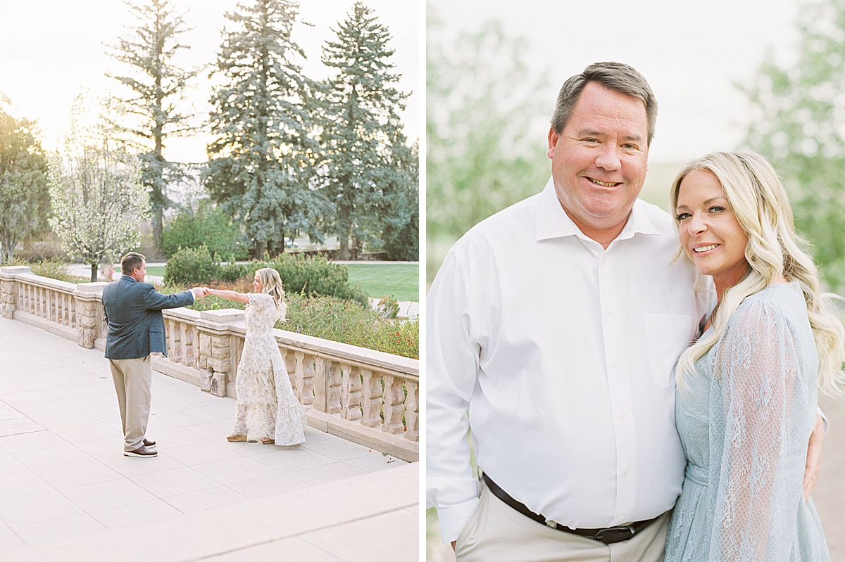 A couple dances on the terrace at the Highlands Ranch Mansion.