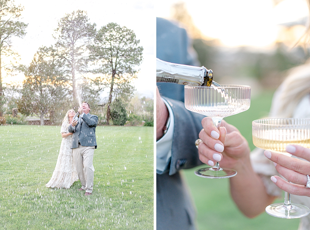 An engaged couple pops champagne at the Highlands Ranch Mansion.