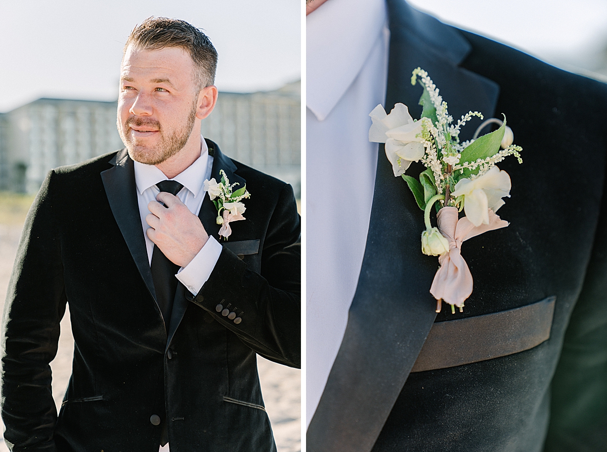A groom's boutonniére with sweet pea flowers.
