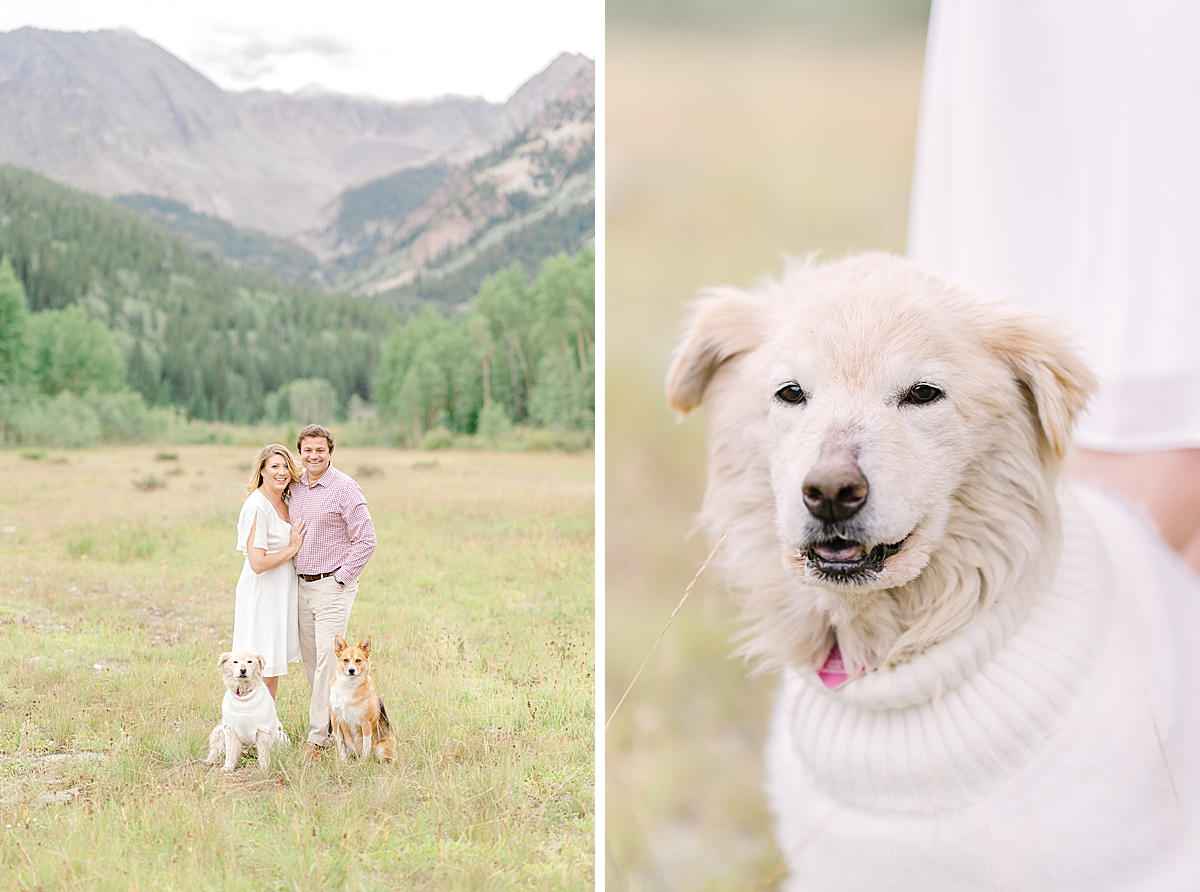 A couple smiles at the camera with their dogs during their Aspen colorado engagement photos in the Ashcroft valley.