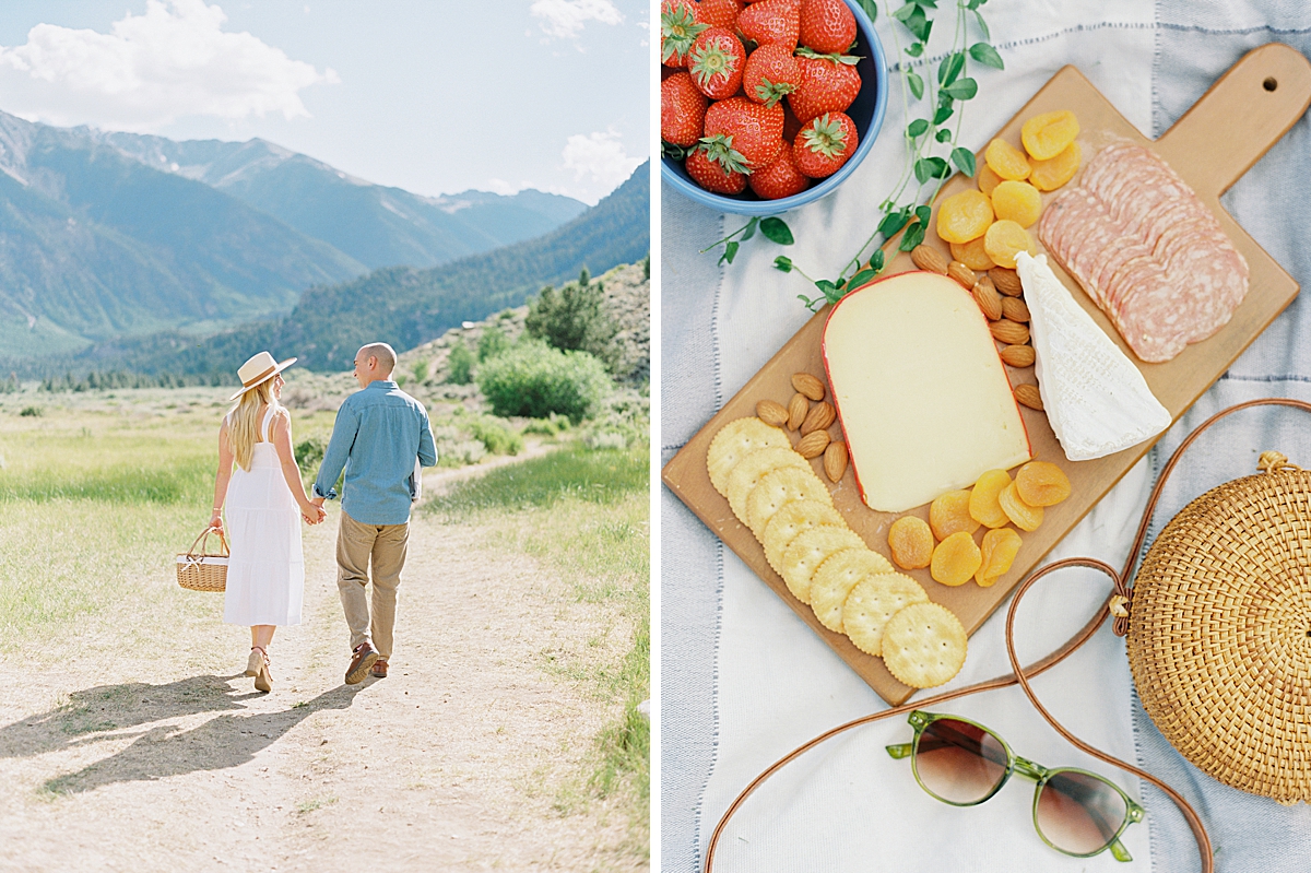 An engaged couple walks hand in hand and prepares a charcuterie board for their summer picnic near Aspen.