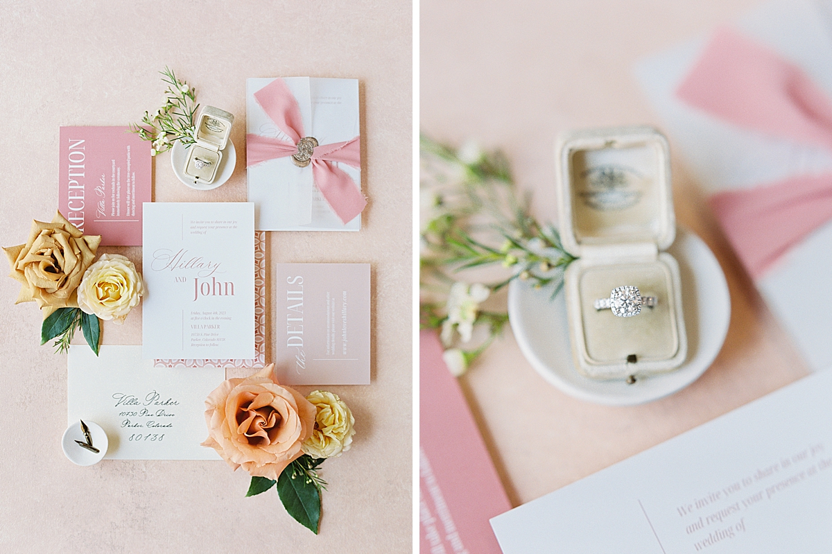 Invitation flatlay in pink with toffee roses and a vintage ring box