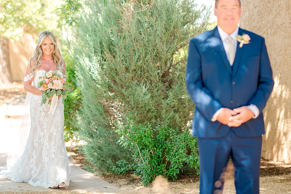 A bride and groom share a first look at their Villa Parker wedding