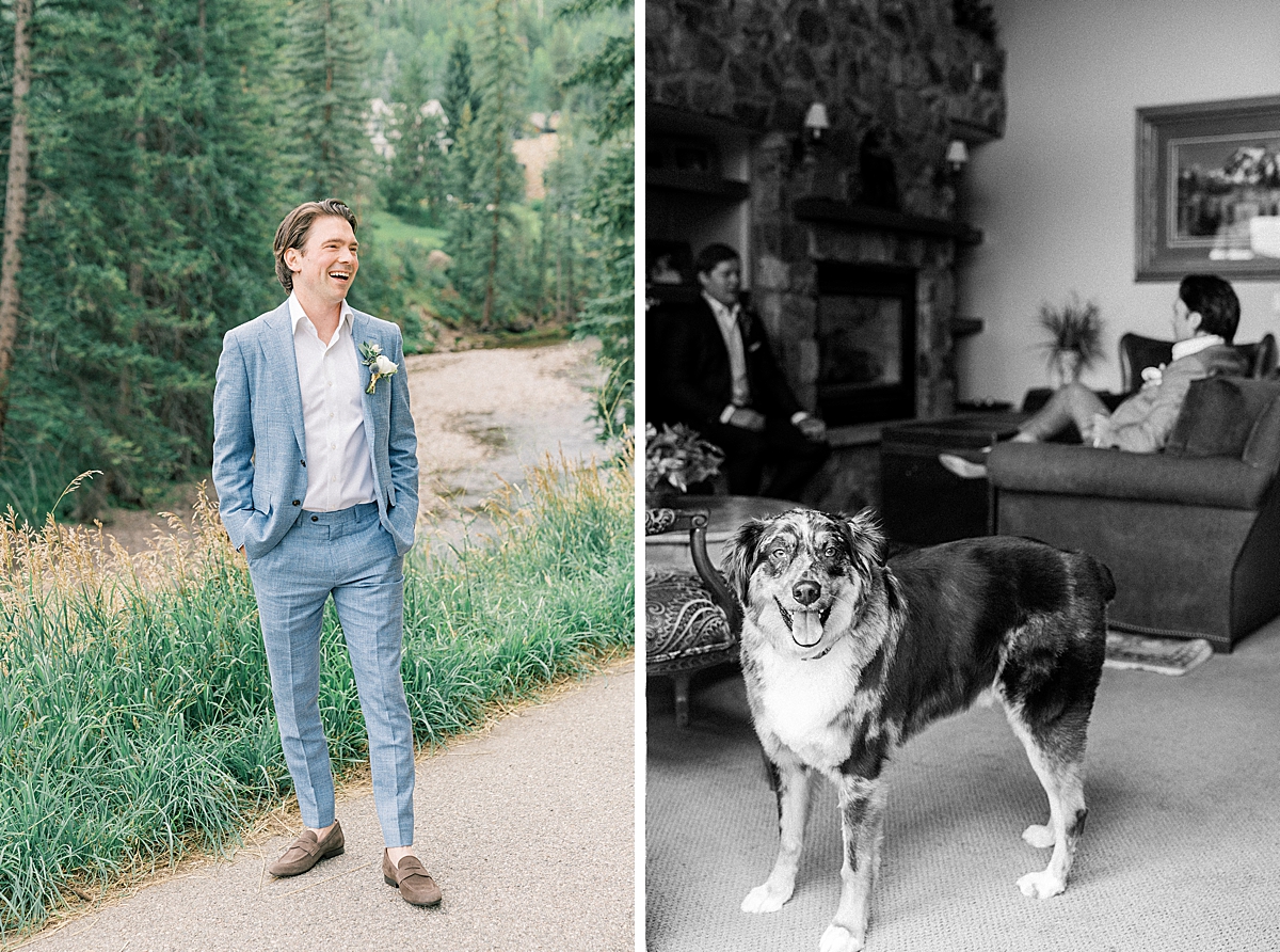 A groom waits for his Vail wedding with his dog.