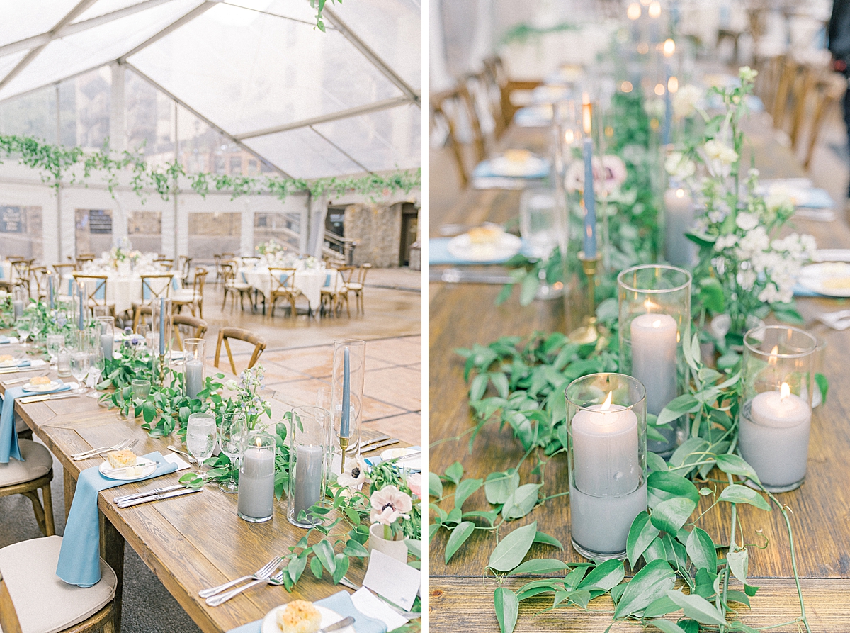 A beautiful wedding reception in shades of dusty blue at the Arrabelle Square in Vail.