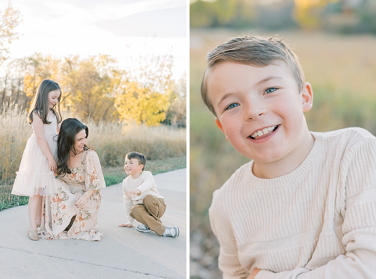 A mom snuggles with her kids during their fall photo session.