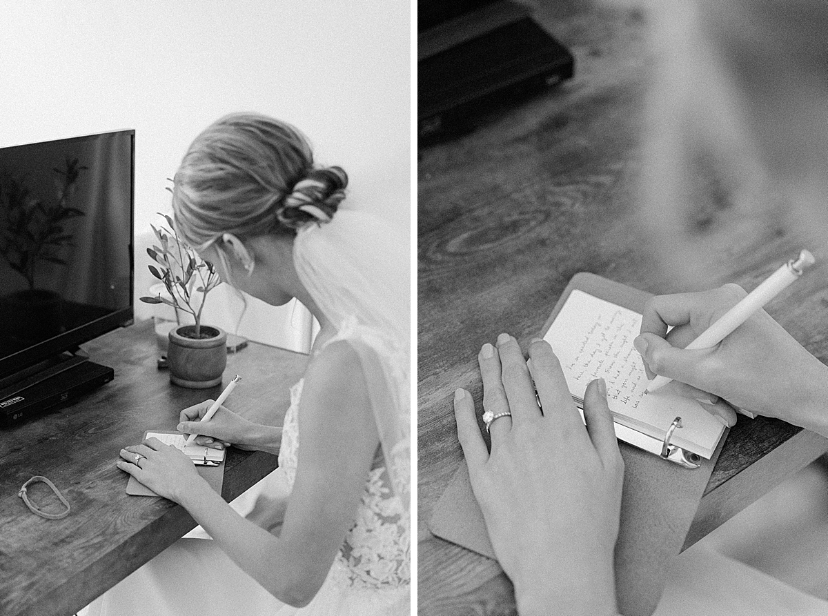 a bride writes her vows in a custom leather vow book