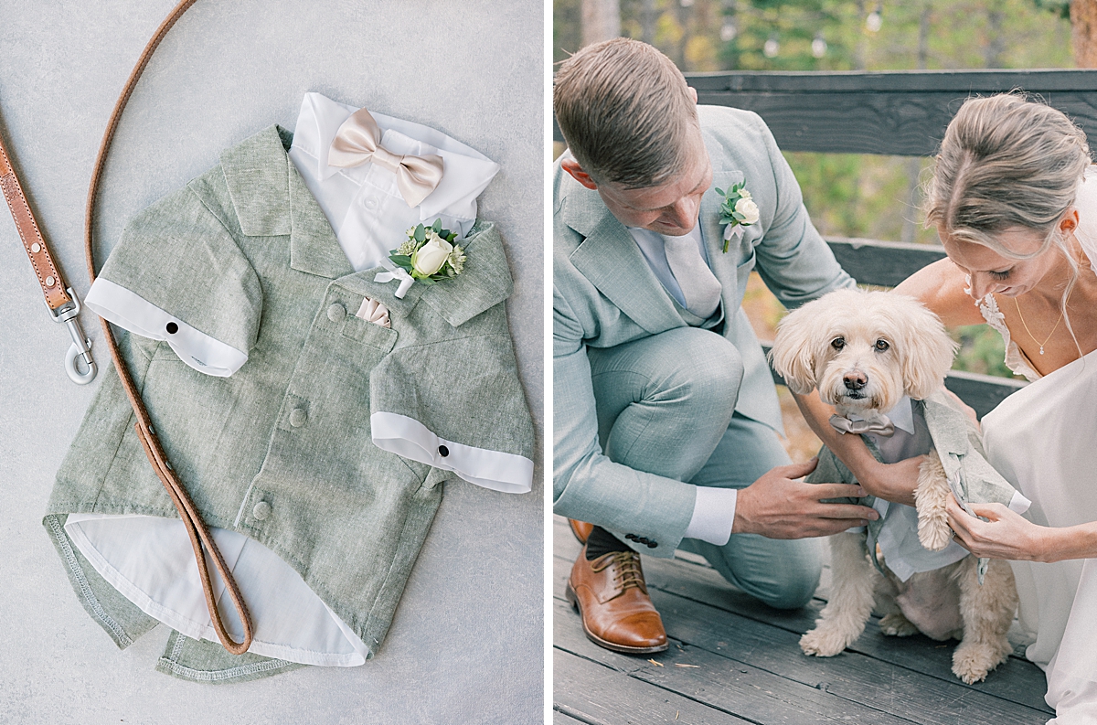 Bride and groom dress their dog in a custom dog tuxedo for the wedding