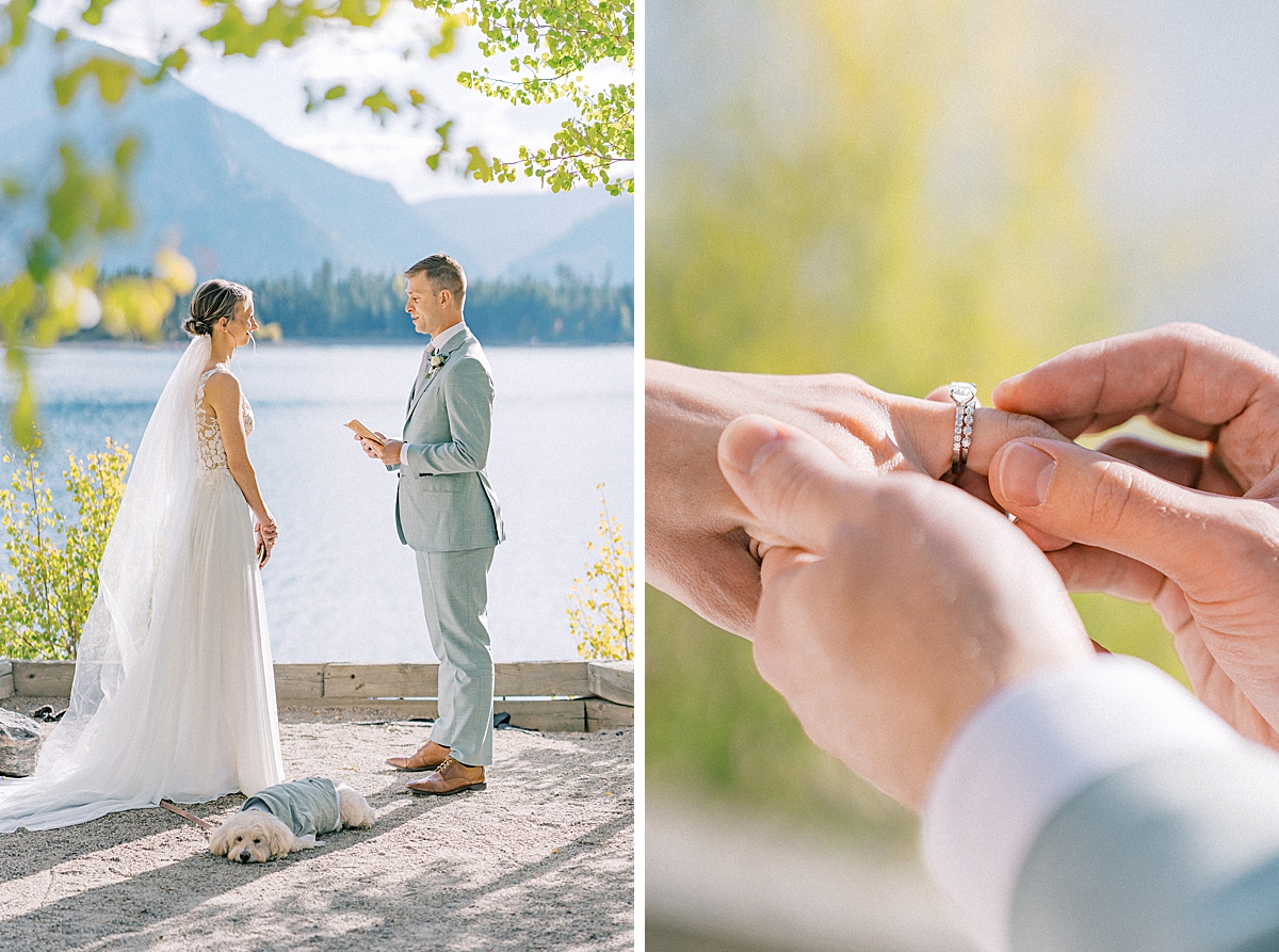 A bride and groom share vows at the Dillon reservoir with changing aspens