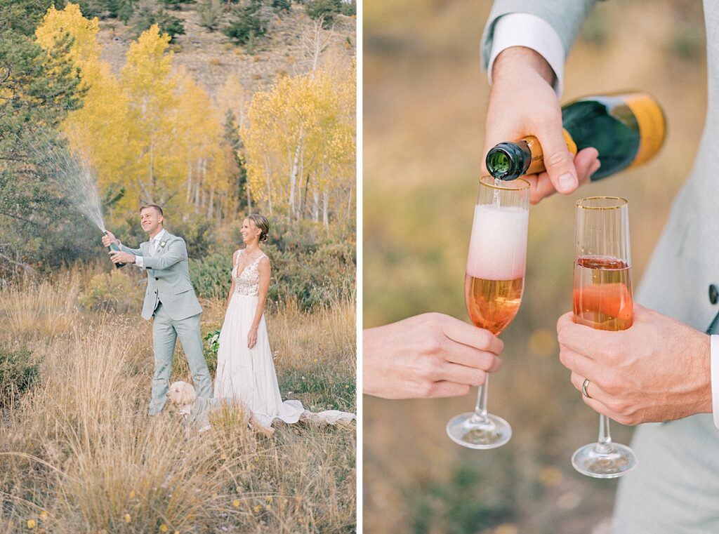 A Colorado couple celebrates their elopement with a champagne pop in the yellow aspen trees