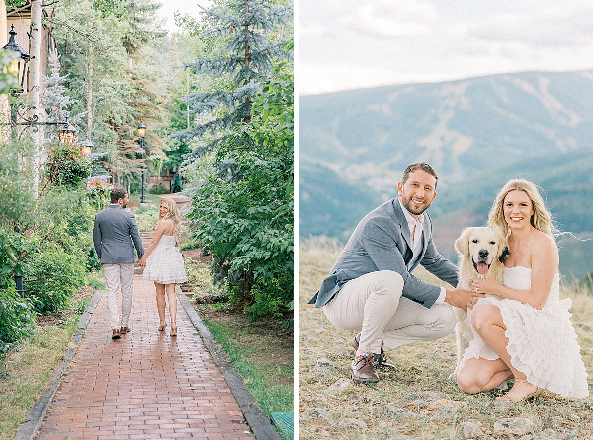 An engaged couple poses with their dog, an English Cream Retriever named Archie.