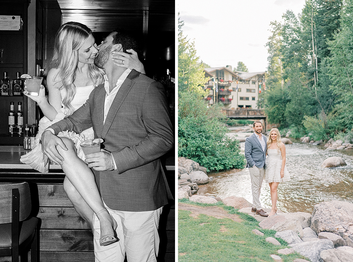 Vail engagement photos with direct flash in black and white