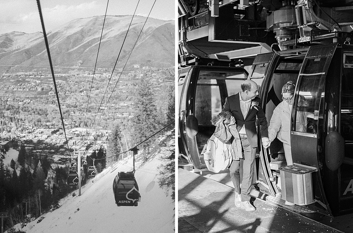 A couple gets off the gondola in Aspen as they prepare for their mountain elopement.