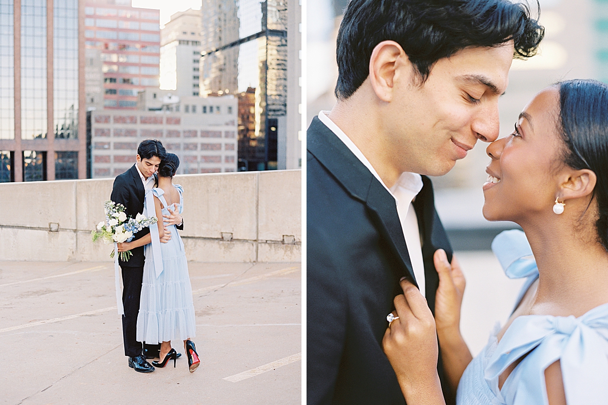 These cute couple at their engagement photos on top of a parking deck.