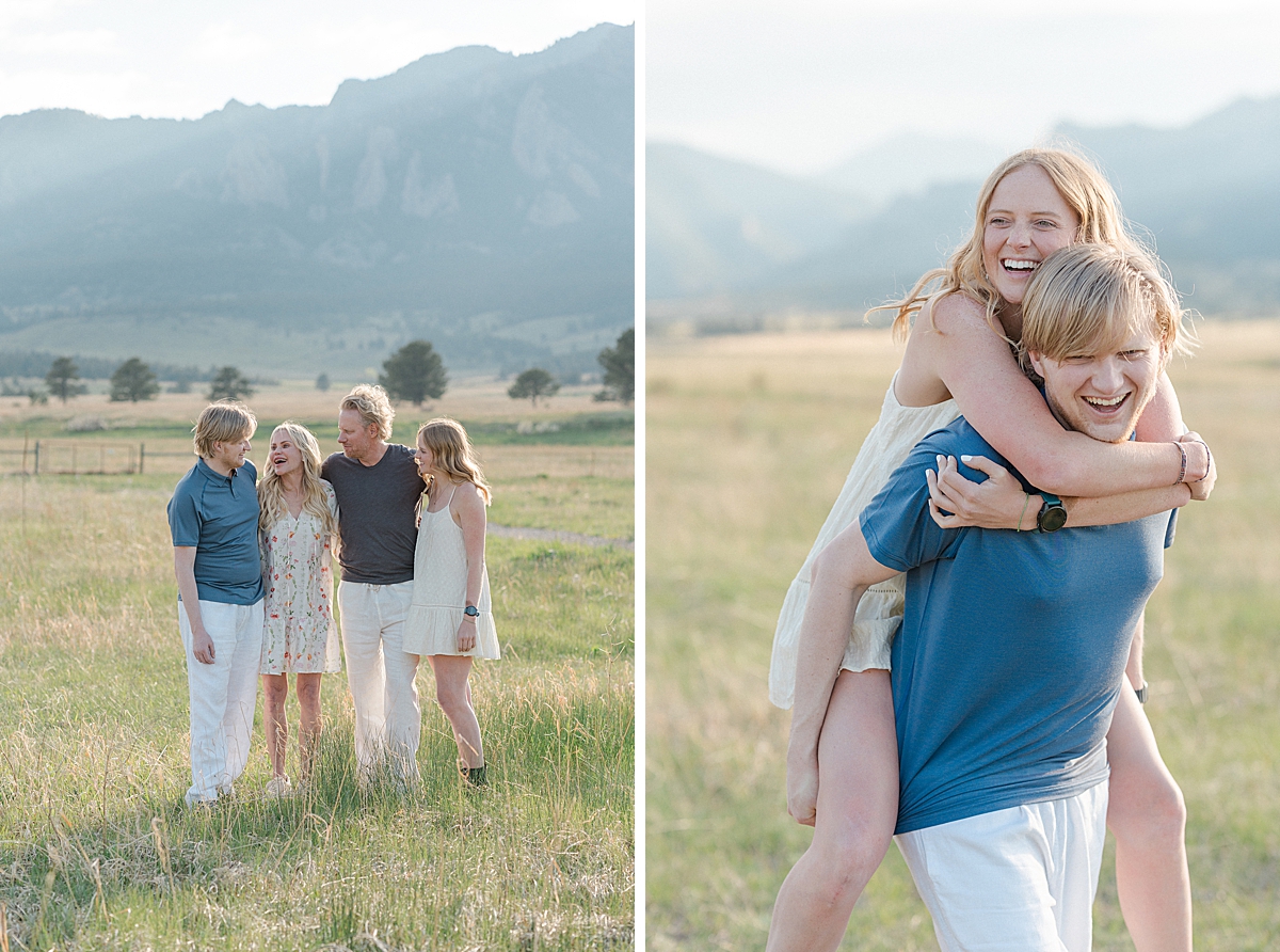 A family has fun taking photos in Boulder Colorado with a mountain backdrop.