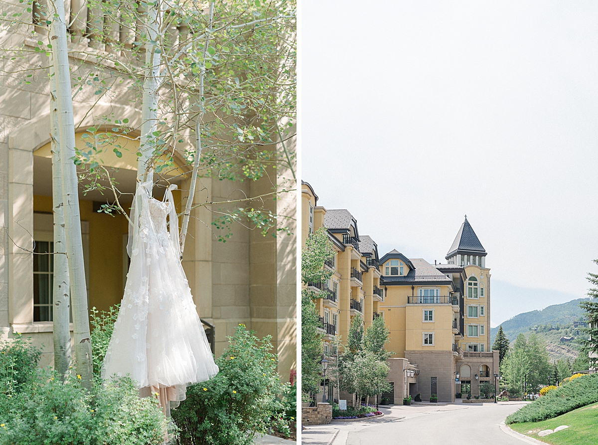 A Watters bridal gown hangs in the aspens at the Ritz Carlton Club Vail.