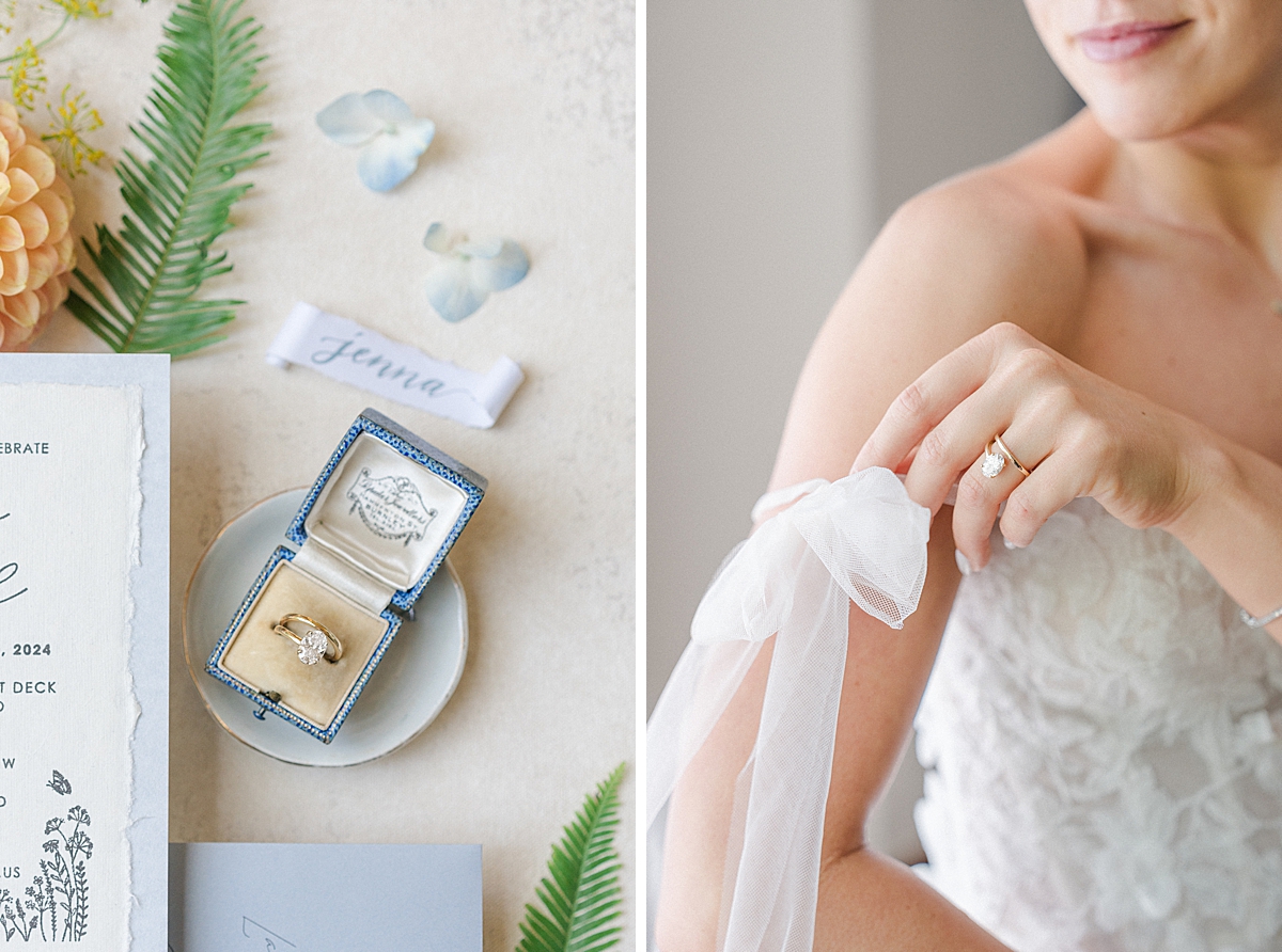 A Vail bride puts on her dress, with delicate tulle bows.