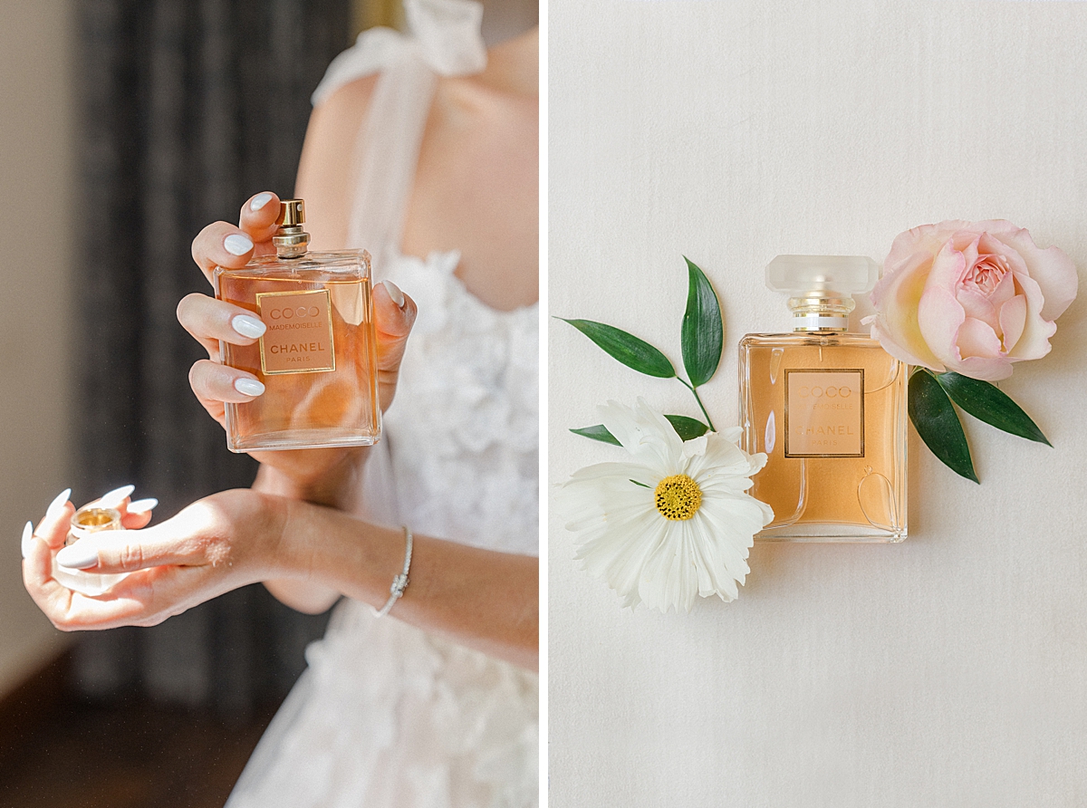 A Vail bride sprays Chanel perfume onto her wrists.