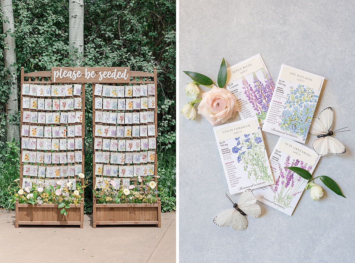 Escort displayed with Colorado wildflower seed packets with the guest's name and table number. All made by the bride.