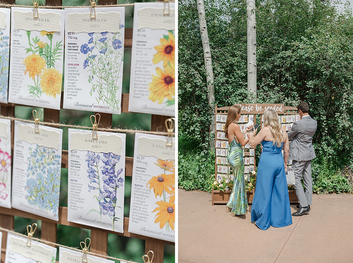 Escort displayed with Colorado wildflower seed packets with the guest's name and table number. All made by the bride.