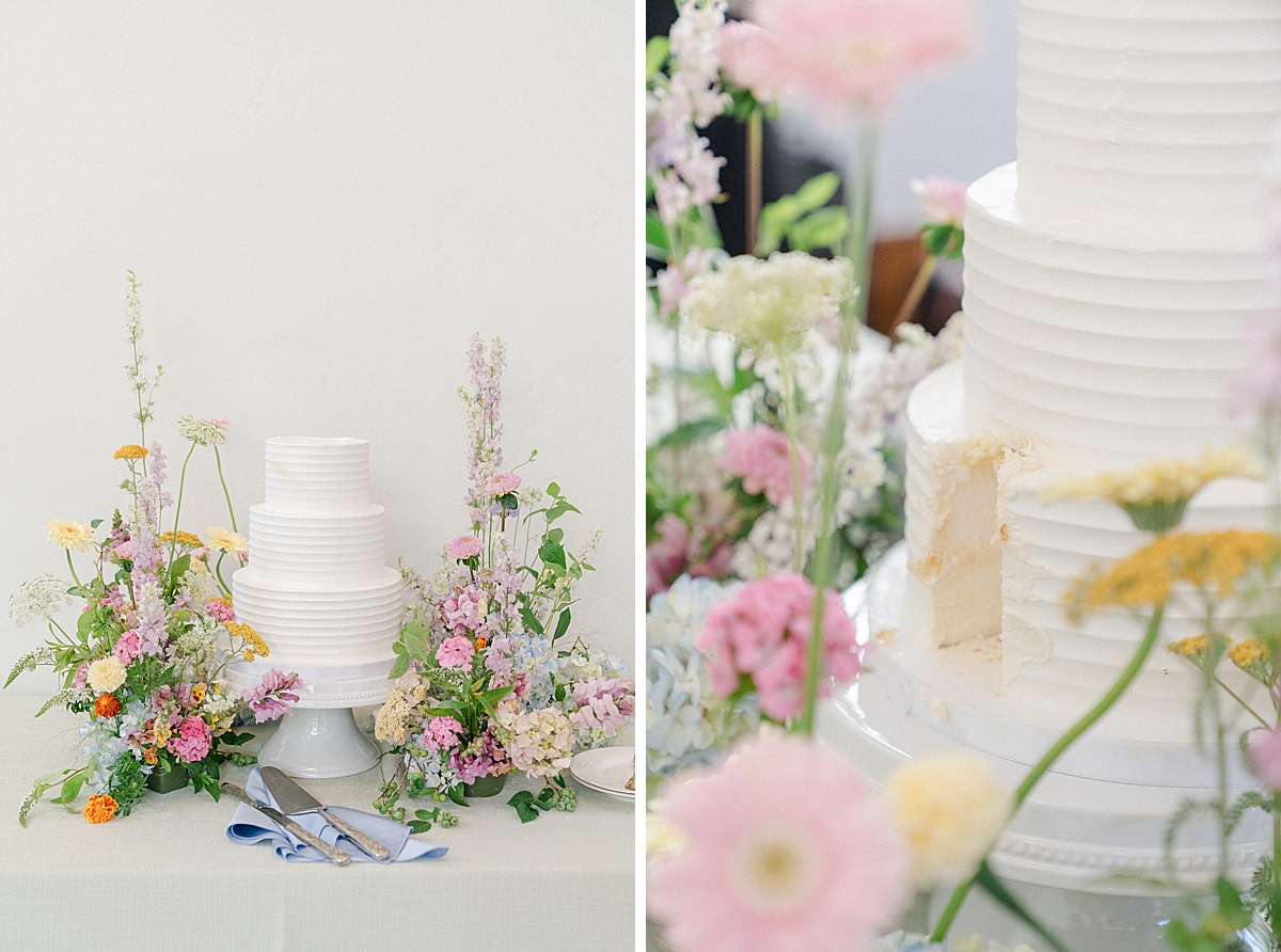 Simple 3-tier cake in a wildflower meadow