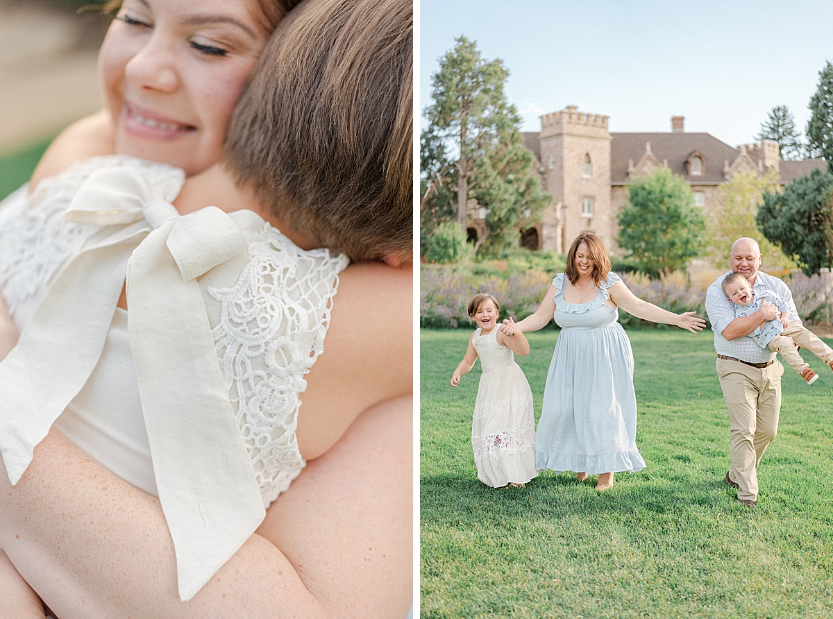 A mom hugs her daughter at the Highlands Ranch Mansion, and has fun with her family.