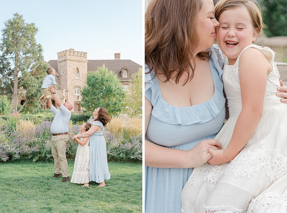 A family has fun at their portrait session at the highlands ranch mansion.