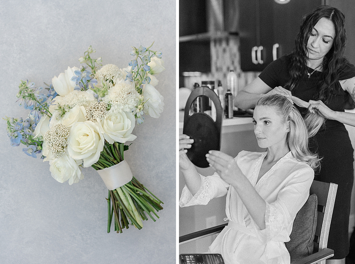 A bride gets her hair and makeup done by a professional beauty artist