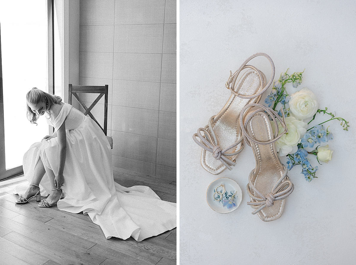 A bride puts on her Loeffler Randall wedding shoes