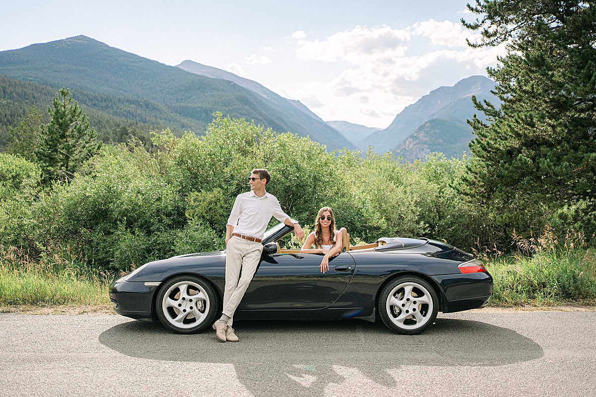 Rocky Mountain National Park engagement photos with a Porsche