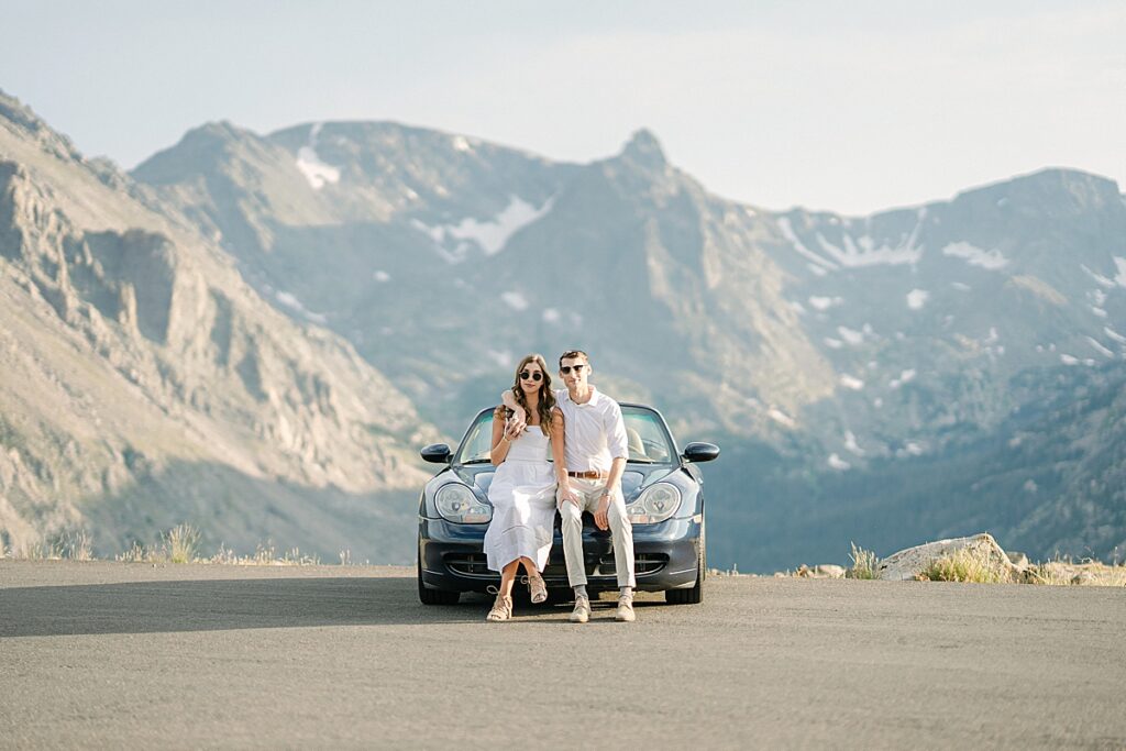 Rocky Mountain National Park engagement photos with a Porsche