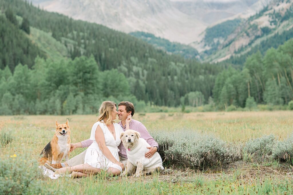A couple embraces in a meadow sitting next to their dogs during their Aspen colorado engagement photos session.