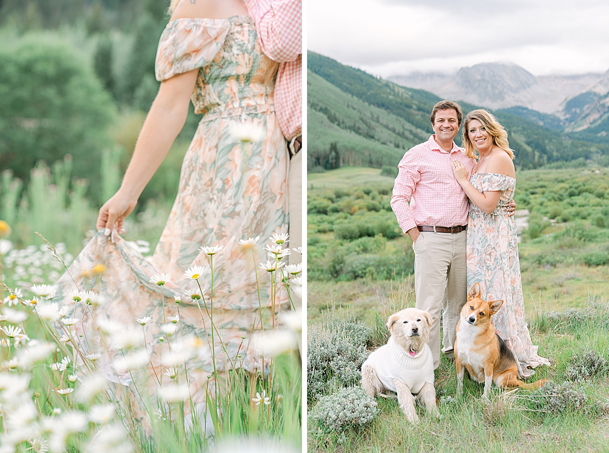 An engaged couple smiles at the camera in Aspen Colorado.